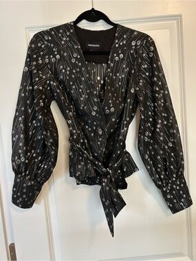 Sabina Musayev Black Blouse with Metallic Silver Print